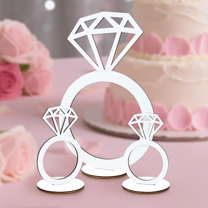 3 PCS Bridal Shower Centerpieces for Tables Diamond Ring Sign Table Centerpieces White Wooden Diamond Ring Sign Decorations for Wedding Anniversary Supplies Batcholette Party Engagement Party