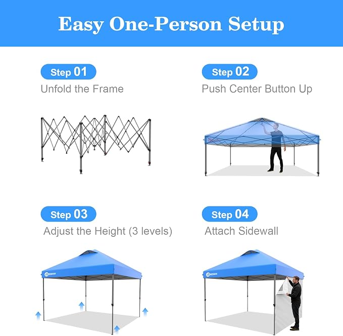 10x10 Pop Up Canopy with Sidewall, One-Person Setup - Sturdy Frame, UV & Water Resistant Canopy Tent w/Wheeled Carry Bag for Beach, Patio, Camping & Events,Blue