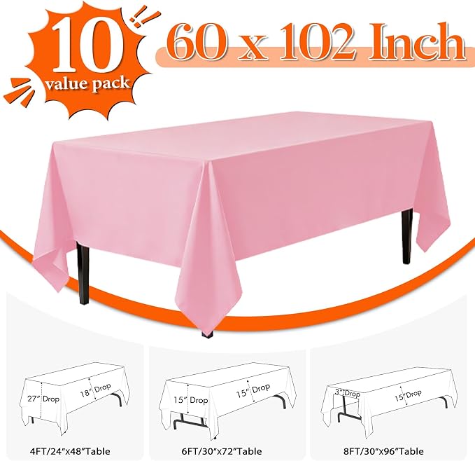 10 Pack Pink Tablecloth 60x102 Inch Pink Table Cloth for 6 Foot Rectangle Tables, Wrinkle Resistant Rectangular Tablecloth Washable Polyester Fabric Table Covers for Party Banquet Wedding Buffet