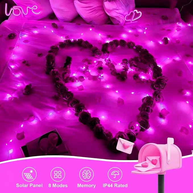 QITONG 4 Pack Solar Fairy Lights, Each 33ft 100 LED Pink Christmas String Lights Outdoor Waterproof, 8 Modes Copper Wire Twinkle Mini Lights