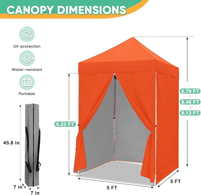 5x5 Pop Up Canopy Tent with Four Sidewalls, Instant Portable Beach Canopy, Outdoor Tent with Carry Bag for Camping, Sports, Tailgating, Events, Orange