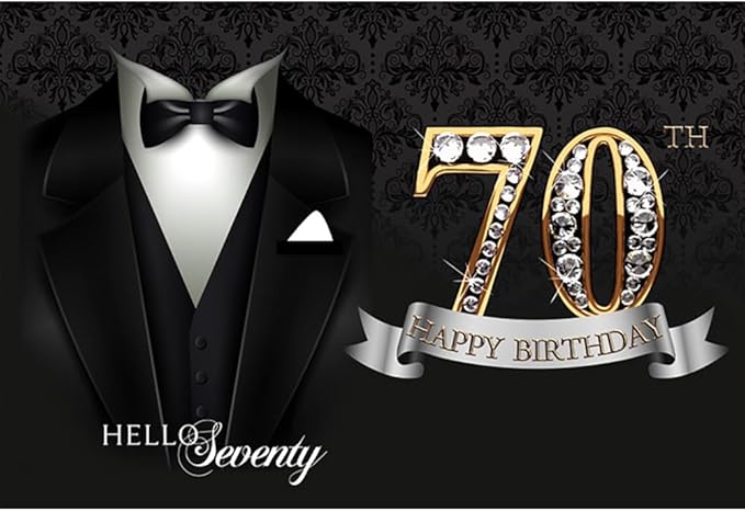 6x4ft Men 70th Birthday Backdrop Black Necktie Suit Tuxedo Diamonds Gold 70th Happy Birthday Photography Background Father Grandpa Hello Seventy Birthday Party Decor Cake Table Banner