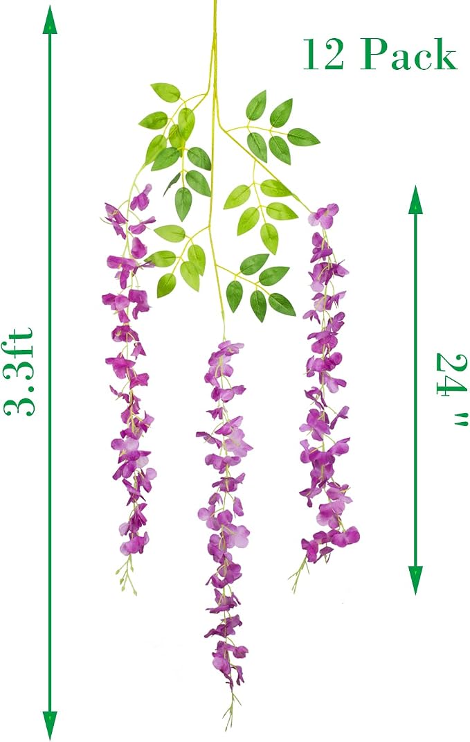 AITISOR 12 Pack Artificial Flowers Silk Wisteria Vine Ratta Hanging Flower (Purple)