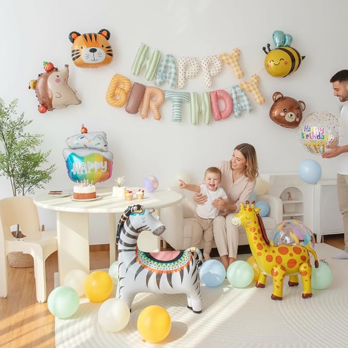 Animals Happy Birthday Foil Balloon Decorations Kit for Kids Birthday, Jungle Zoo Theme Zebra Giraffe Tiger All-In-One Party Supplies with Birthday Banner (Animal Birthday Set)