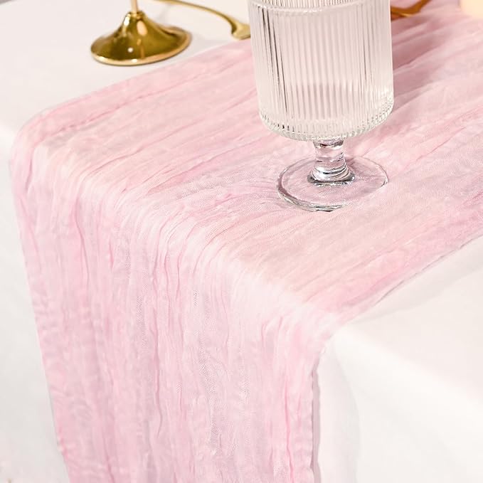 2 Pack Light Pink Cheesecloth Table Runners 35x120 Inch, Wide Pleated Boho Gauze Runner for Wedding Baby Shower Birthday Party, Semi-Sheer Rustic Table Decor