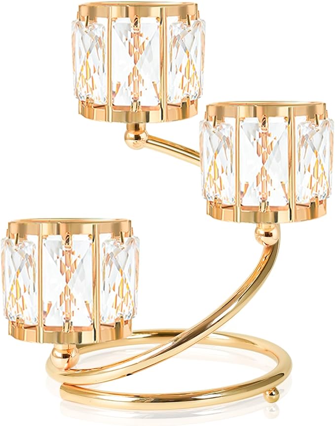 Metal 3 Arm Crystal Candle Holder - Tea Light Centerpiece Candle Holder, Votive Holder with Sparkling Crystal Bowl, Suitable for Wedding, Table Centerpiece, Home Decor (1, 3 arm-Gold)