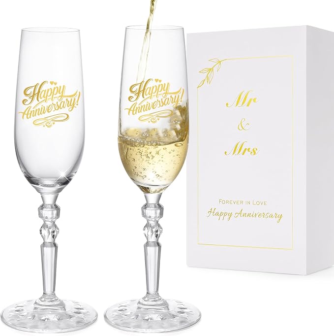 Happy Anniversary Decorations Gifts for Couple. Classical Style Happy Wedding Anniversary Champagne Flutes Glasses for Anniversaries of Any Year, Gifts for Men, Women, Husband, Wife