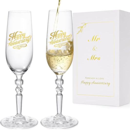 Happy Anniversary Decorations Gifts for Couple. Classical Style Happy Wedding Anniversary Champagne Flutes Glasses for Anniversaries of Any Year, Gifts for Men, Women, Husband, Wife