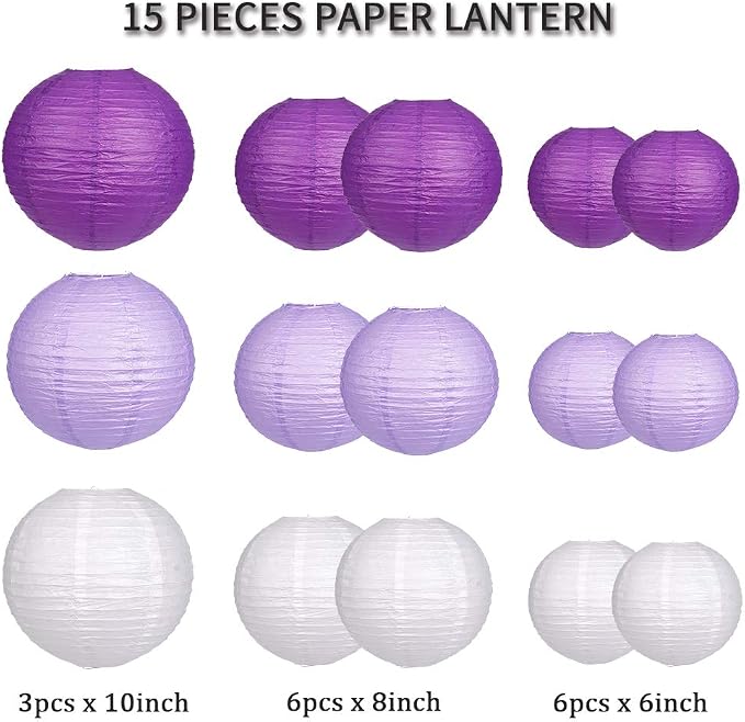 Paper Lanterns Decorative, Round Hanging Paper Lanterns Decorations for Bachelorette Engagement Birthday Party Decorations Purple/Lavender/White 15pcs