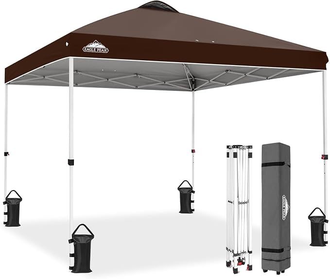 EAGLE PEAK Pop Up Canopy Tent with Wheeled Carry Bag, 8 Stakes, 4 Ropes, 4 Weight Bags, Easy Set Up Tent Canopy, 10x10 ft, 100sqft of Shade, Brown