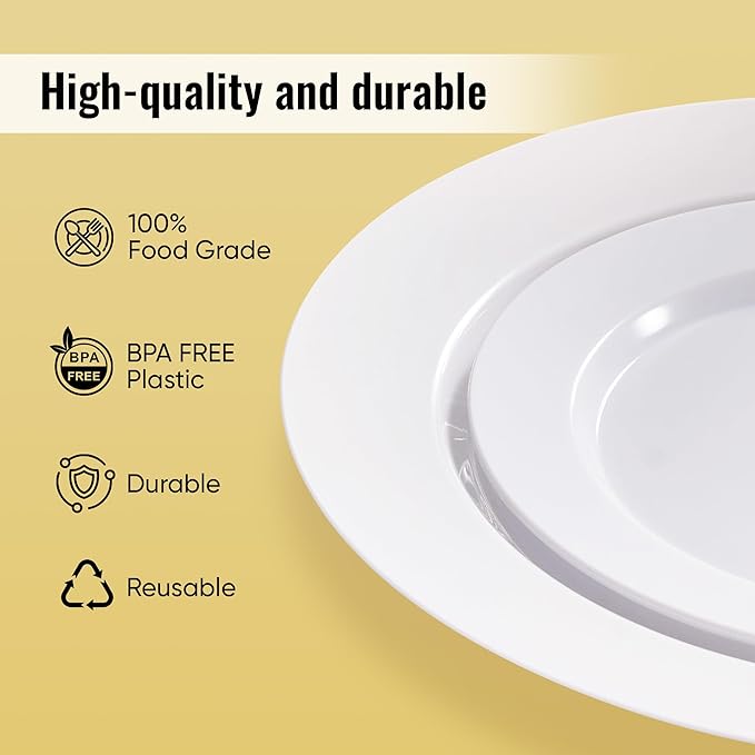 Fijinhom 100PCS White Disposable Plates for 50 Guests Including 50PCS 10" Dinner Plates & 50PCS 7" Dessert Plates, White