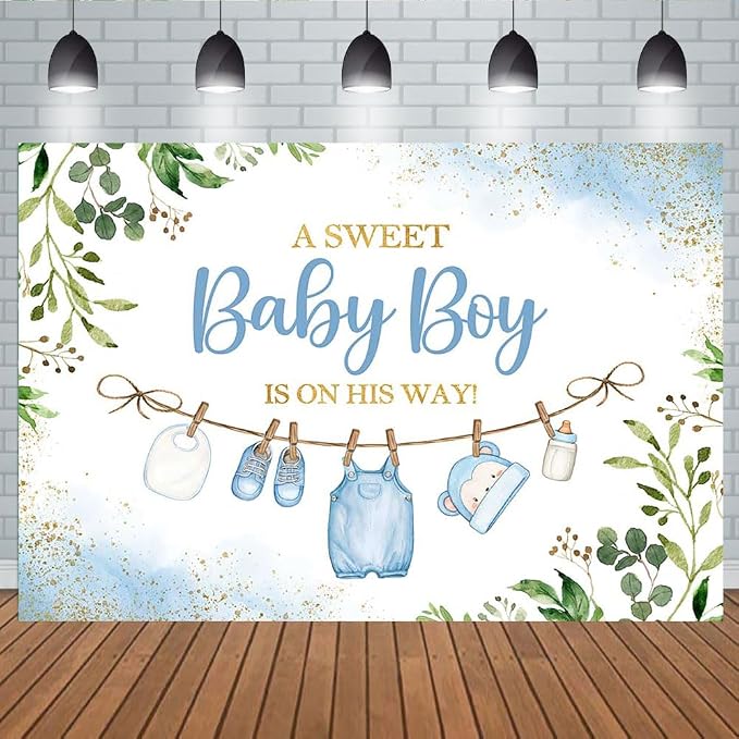 9x6ft Cute Clothes Baby Shower Backdrop for Boys a Sweet Baby Boy is on The Way Newborn Kids Blue Leaves Gold Dots Baby Shower Party Decorations Banner Supplies Photo Booth Props