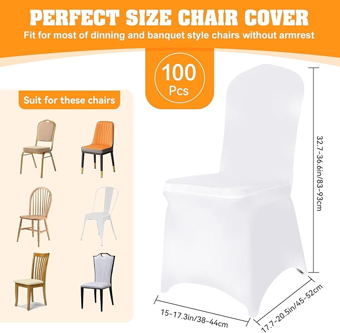 100 PCS White Polyester Spandex Chair Covers - Stretch Slipcovers for Wedding, Party, Dining, Banquet - Flat-Front Chair Covers