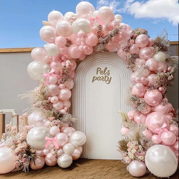 Pearl Pink Balloons Different Sizes Double Stuffed Pastel Baby Pale Pink Pearl Balloon Arch Garland Kit 18/12/5in with Bow for Bridal Wedding Birthday Baby Shower Coquette Party Decorations