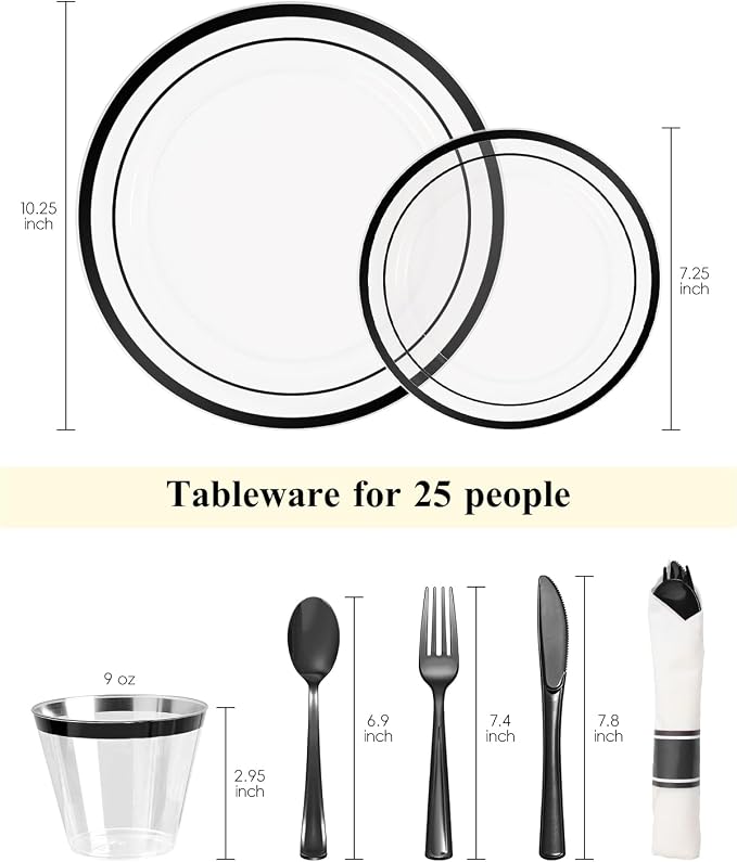 Goodluck 175 Pcs Disposable Clear and Black Party Plate Cup Napkin Sets | Black Plates for Party Include 50 Plates, 25 Pack Pre Rolled Napkins with Silverware, 25 Cups for Graduation, Halloween