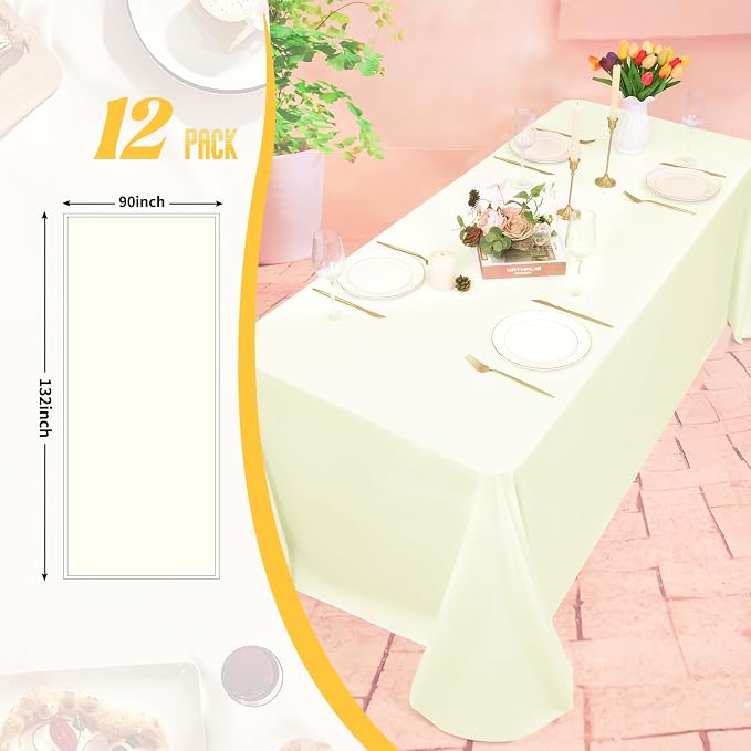 12 Pack Beige Tablecloth 90x132 Inch Rectangular Table Cover | Wrinkle Resistant, Machine Washable Reusable, Wedding, Banquet, Restaurant, Party, Baby Shower,Indoor Outdoor Events
