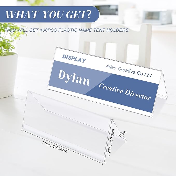 Vicenpal 100 Pieces Clear Plastic Name Tent Holders 11" x 4.25" Acrylic Name Plate for Desk PVC Card Tent Holder Desk Sign Frame for Table Office Business Conference Meeting Room School Display Stand