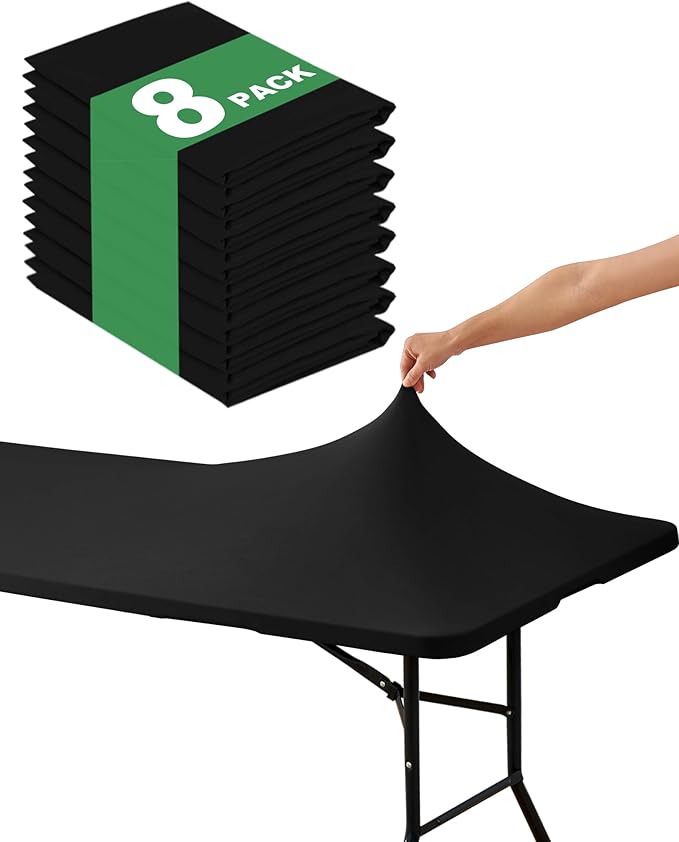 KeyWave Fitted Tablecloth Rectangle Table Cloths - 8 Pack 8 Foot Elastic Stretch Folding Table Top Cover Water-Resistant Reusable for Outdoor Picnic Camping Party Event, Black, 96" L x 30" W