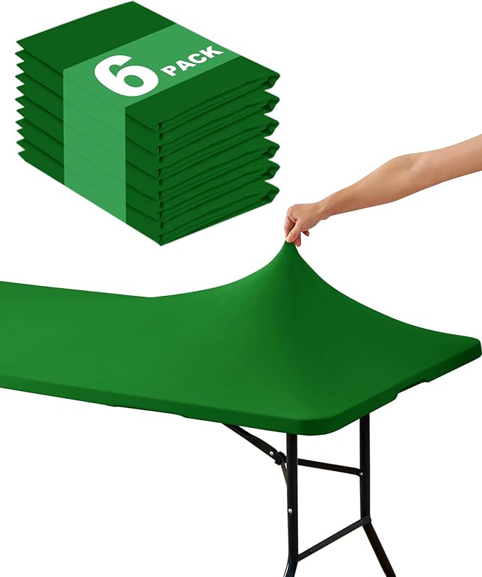 KeyWave Fitted Tablecloth Rectangle Table Cloths - 6 Pack 8 Foot Elastic Stretch Folding Table Top Cover Water-Resistant Reusable for Outdoor Picnic Camping Party Event, Green, 96" L x 30" W