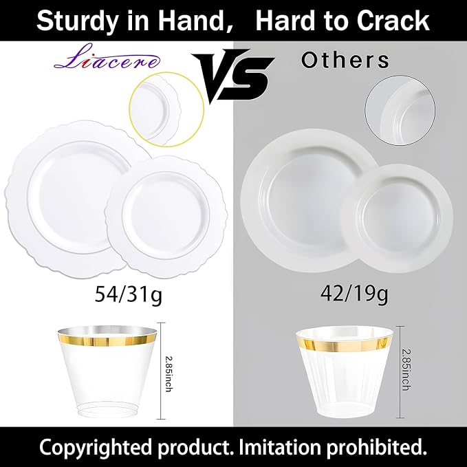 Liacere 350PCS Silver Plastic Plates-Disposable White and Silver Plates 50guest Baroque Plastic Dinnerware Set include 100Plates, 50Pack Pre Rolled Napkins with Silverware 50Cups Perfect for Wedding