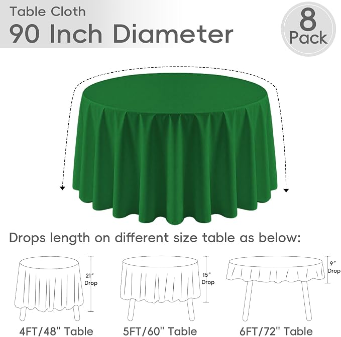 8 Pack Green Round Tablecloth 90 Inch Green Table Cloth Round Tables, Washable Polyester Tablecloth Reusable and Wrinkle Resistant Decorative for Wedding Party Dining Banquet