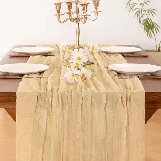 Socomi 10pcs Gold Champagne Cheesecloth Table Runner Boho Rustic Gauze 120 inch 10FT Cheese Cloth Sheer Runner for Wedding Party Baby Shower Birthday Home Decor Holiday Decorations