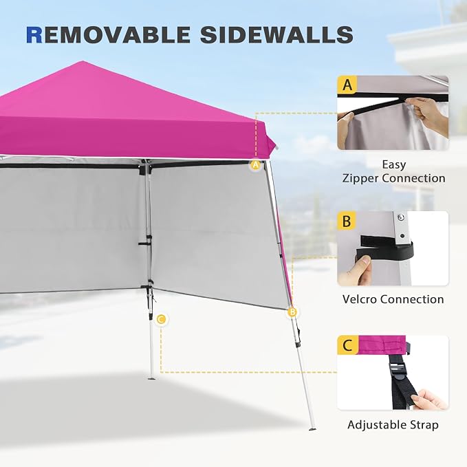 EAGLE PEAK Day Tripper 8x8 Aluminum Super-Lightweight Slant Leg Pop Up Canopy with 3 Removable Walls, Instant Outdoor Backpack Canopy Tent, Outside Beach Folding Sun Shelter, 8x8 Base 6x6 Top, Pink
