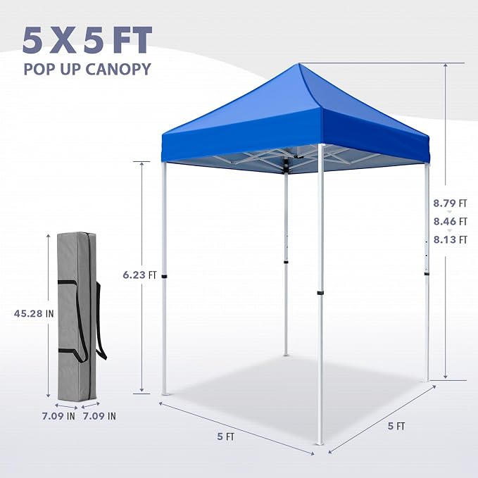 5x5 Pop Up Canopy Tent, Instant Portable Beach Canopy, Outdoor Tent with Carry Bag for Camping, Sports, Tailgating, Events, Blue