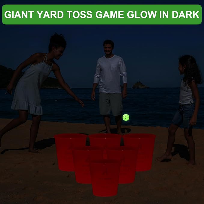 Aivalas Yard Pong Outdoor Games Glow Set in Dark, Giant Yard Pong Game for Adults and Family with 12 Buckets, 4 Balls and a Carrying Bag, Giant Pong for Beach, Camping, Lawn and Backyard