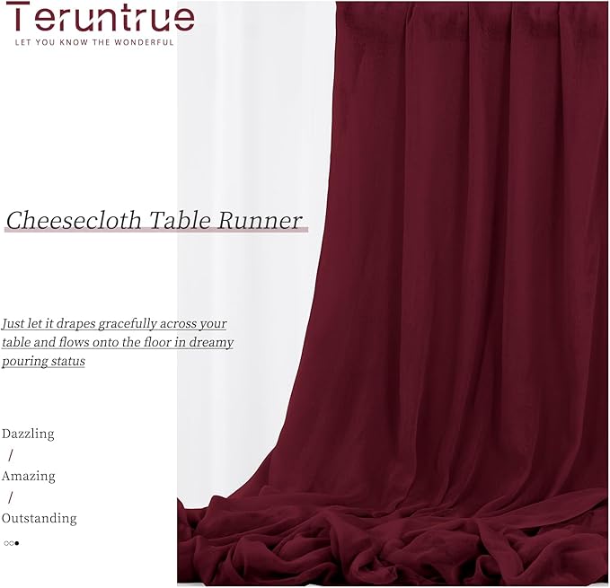Teruntrue 24 Packs Burgundy Cheesecloth Table Runner,10ft Wine Red Rustic Gauze Boho Wedding Table Runner Decoration, Wedding Table Decor Sheer Table Runner for Wedding Party Bridal Shower Table