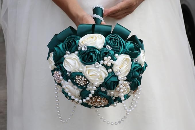 Emerald Green and Ivory Bridal Wedding Bouquet with Rhinestone Brooch Pearl String Cascade Bouquet for Bride Bridesmaid Quinceanera Rose Flower Bouquet Wedding Emerald Green and Ivory 7.5in