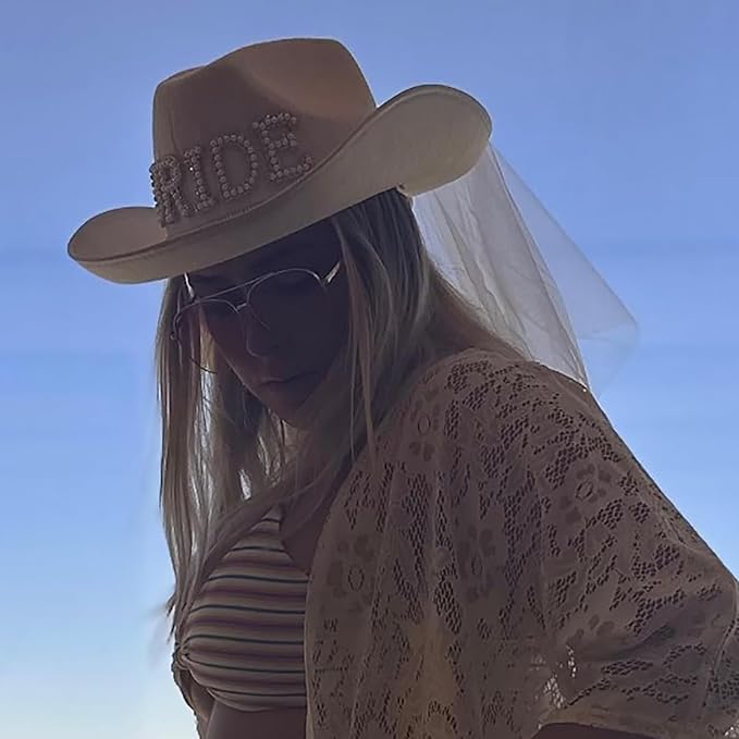 Delphinus Bridal Cowboy Hat, Bronzing Bride Cowgirl White Velvet Fur Veil Favors Women Felt Party Hat,Bachelorette Party Bride to Be Gift