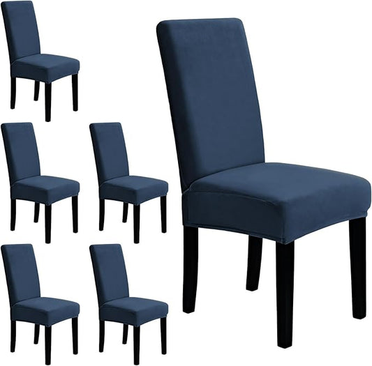 MOSAYT Velvet Stretch Chair Covers for Dining Room Set of 6 - Soft Slipcovers with Thick Removable Fabric for Parsons Chairs, Washable Seat Protectors for Kitchen, Banquet & Home Decor, Navy Blue