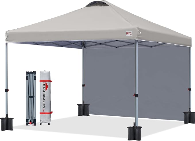 MASTERCANOPY 10x10 Pop Up Canopy Tent with 1 Sidewall, 1 Person Setup Instant Shelter, Outdoor Portable Beach Canopy, 1 Roller Bag, 4 Sandbags, 4 Ropes, 8 Stakes (10x10, Gray)