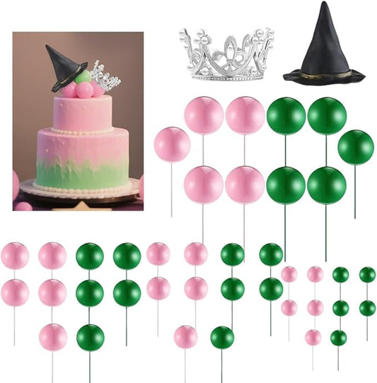 42 Pcs Wicked Cake Topper Kit Wicked Party Decorations Halloween Cake Toppers with Pink Green Balloons Silver Crown Witch Hat Birthday Decorations Fantasy Party Supplies‌