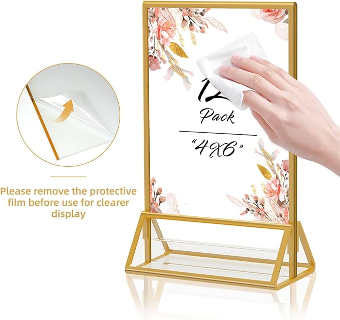 PPH-Sisy Gold Frames 4x6 Acrylic Sign Holder Double Sided Picture Frames for Wedding Table Number Menu Flyer Display for Office Home Party- Pack of 12