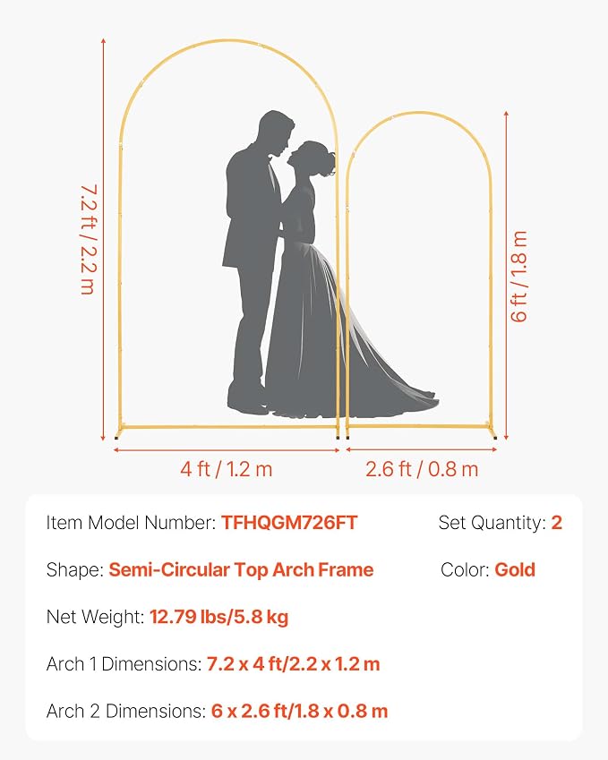 VEVOR Arch Backdrop Stand, Set of 2, 7.2 ft and 6 ft, Stable Structure, Easy Assembly, Gold Metal Arch Backdrop Stand for Wedding, Birthday Party, Graduation, Celebration, and Ceremony Decoration
