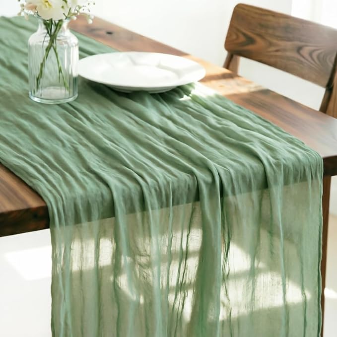 LINXTAR Sage Green Cheesecloth Table Runner 160 Inches 14Ft Gauze Summer Boho Table Runner for Wedding Tea Party Baby Shower Bridal Birthday Home Decoration