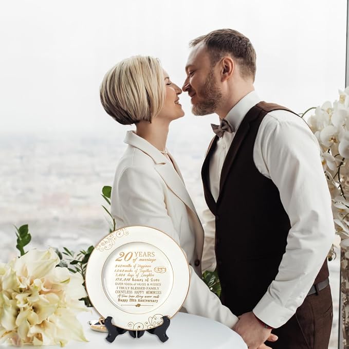 Urllinz 20 Year Anniversary Plate with 24k Gold Foil Decorations - 20th Anniversary Wedding Gifts for Wife Couple Him Her Husband, Ceramic 9"