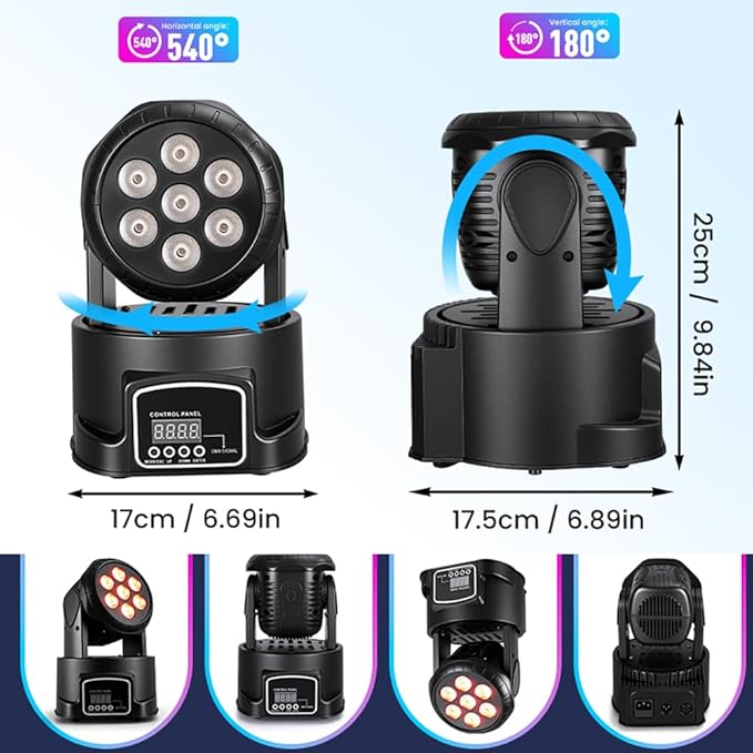 MINGJIE Moving Head DJ Lights, 12 Colors 7x10W LED Wash Stage Spotlight with DMX & Sound Active, 540° Pan 180° Tilt, Disco Party Lighting for Weddings Clubs Concerts Events Bars (6 Pack)