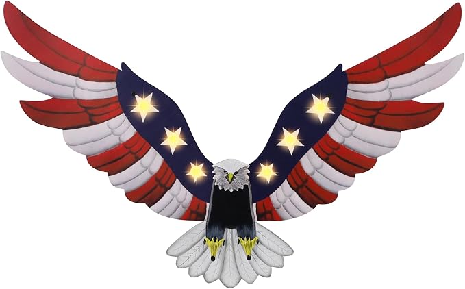 Adroiteet Lighted American Eagle 4th of July 250th Decorations Outdoor with Timer LED Lights Patriotic Metal Wall Art for Golf Cart Indoor Front Door American Flag Eagle Decor, 23.6" x 15.7"