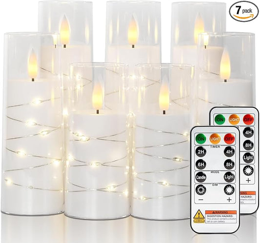 Raycare Flameless Candle with Remote Timer 7 Flickering Acrylic Battery Operated LED Pillar Candles with Embedded Star String for Christmas, Wedding, Home Table Decor, and as a Gift(White)