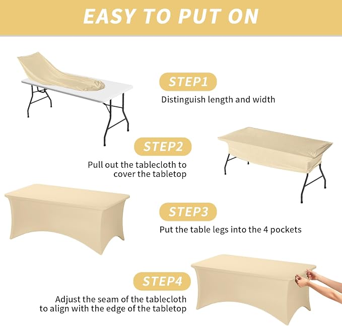 Fixwal 6 Pack 6Ft Champagne Table Cover, Spandex Fitted Tablecloths Rectangle, Wrinkle-Free and Stretch Folding Table Cloth for Banquet, Wedding, Party, Trade Show