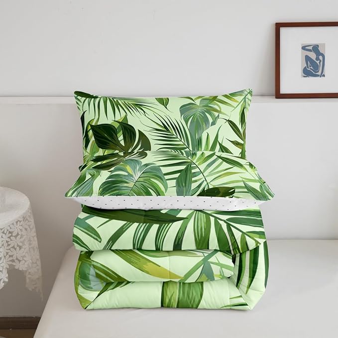 jejeloiu Green Palm Leaf Comforter Set Full Size Kids Tropical Leaves Pattern Green Bedding Set for Boys Girls Summer Tree Branches Nature Theme Duvet Quilt Room Decor