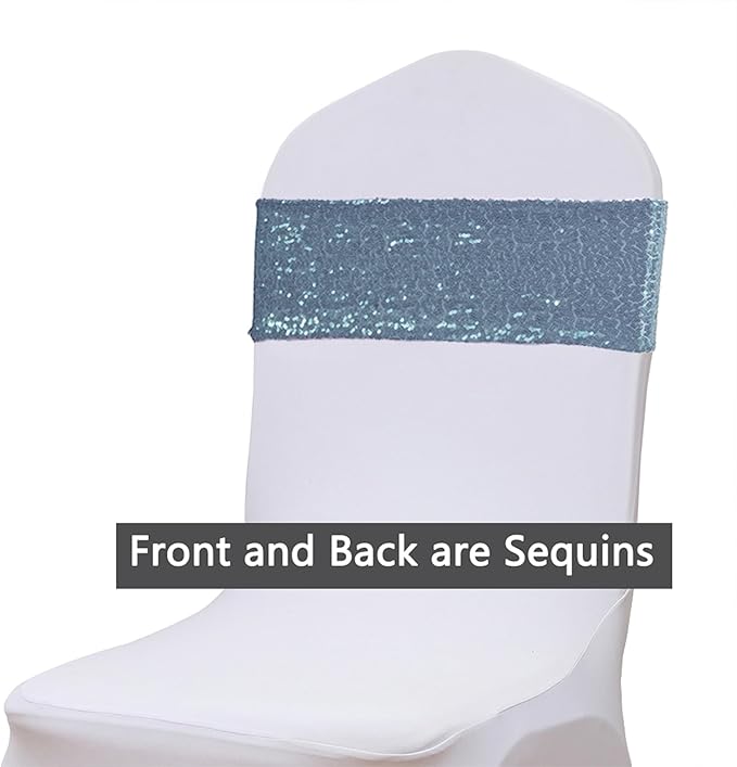 50 Pack Sequin Dusty Blue Chair Sashes for Wedding Chairs Bands Bows for Party Birthdya Banquets Birthday Anniversary Outdoor Events Decorations