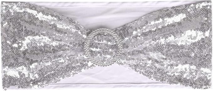 Pack of 100 Chair Sashes Sequin Stretchy Spandex Bands Decorative Bows One-Sided Sequins Decor for Romantic Wedding Party Home Chair Cover Sash Decorations, Silver