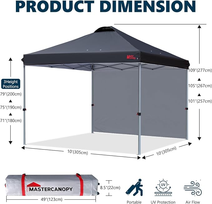 MASTERCANOPY 10x10 Pop Up Canopy Tent with 1 Sidewall, 1 Person Setup Instant Shelter, Outdoor Portable Beach Canopy, 1 Roller Bag, 4 Sandbags, 4 Ropes, 8 Stakes (10x10, Black)