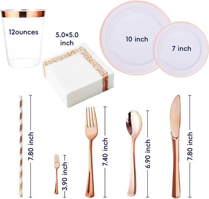 250 Count Rose Gold Disposable Plastic Dinnerware Set, 50 Rose Gold Plastic Plates, 25 Silverware, 25 Cups and Straws, 50 Napkins, Perfect for Wedding Party