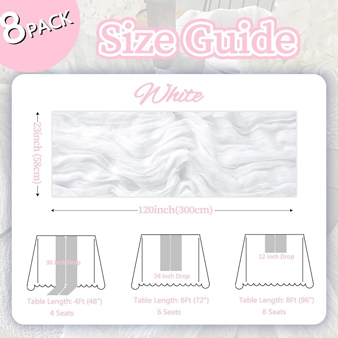8 Pack White Cheesecloth Table Runner 10ft Boho Gauze Fabric 120 Inch Cheese Cloth Table Runner Rustic Sheer for Holiday Baby Shower Party Décor Home Wedding Decoration