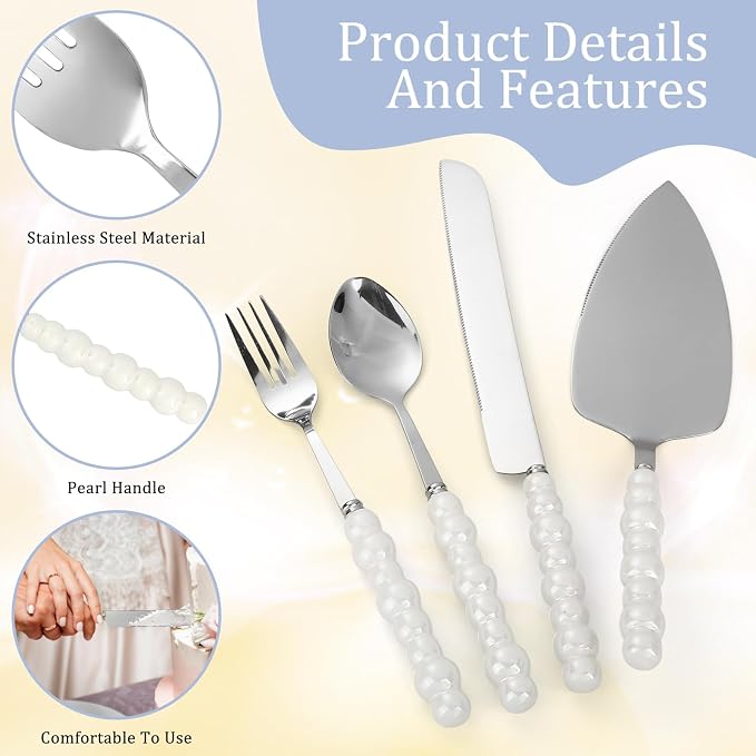 8 PCS Wedding Cake Knife and Champagne Flutes Server Set, Mr and Mrs Champagne Flutes with 2 Forks and 2 Spoons,Bride and Groom Champagne Glasses for Wedding, Engaggement and Bridal Shower Gifts